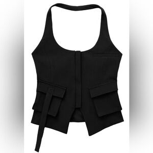 Zara Black Structured Women's Blouse pocket Zip up halter vest top